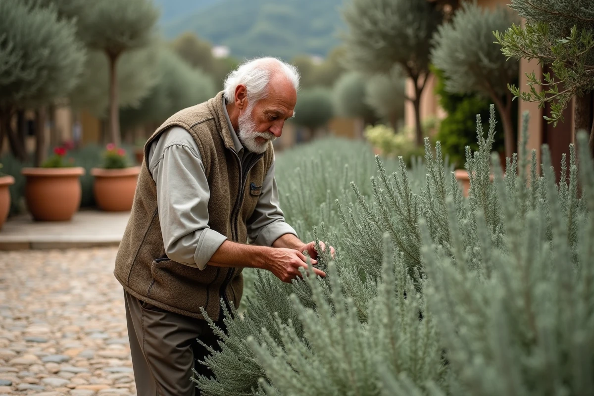 Homme âgé observant la sauge dans un jardin méditerranéen