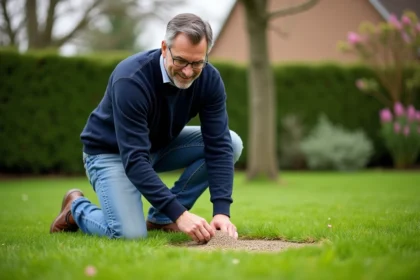 Homme en jeans et pull spreadant fertilisant dans un jardin