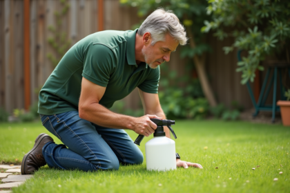 Homme appliquant herbicide dans le jardin