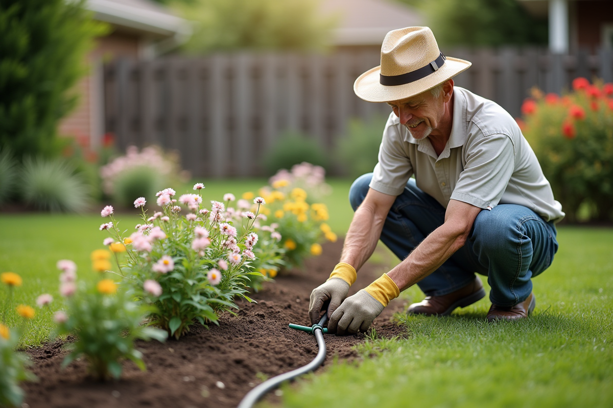 Homme âgé installant un tuyau d