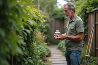 Homme d'âge moyen tenant un bocal avec une guêpe asiatique