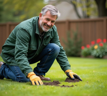 Homme d'âge moyen semant de l'herbe dans son jardin