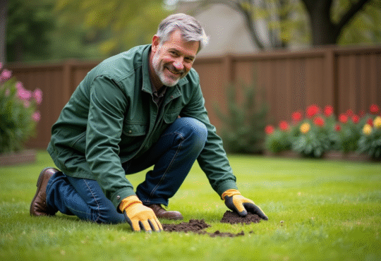 Homme d'âge moyen semant de l'herbe dans son jardin