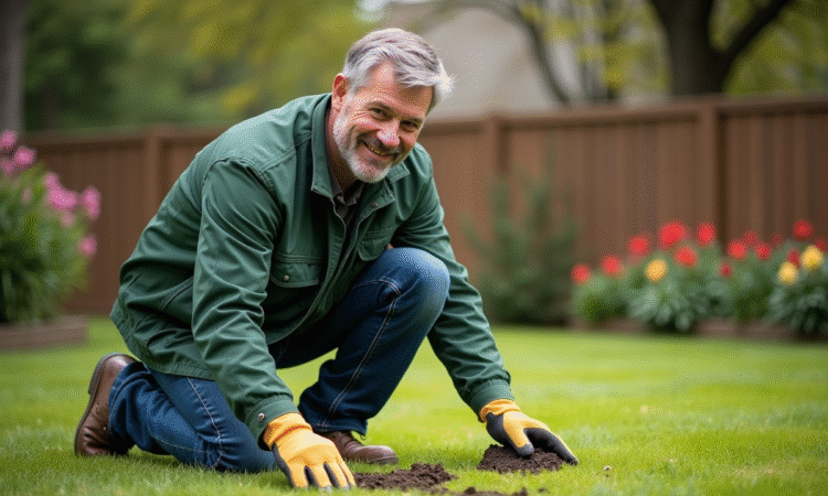 Homme d'âge moyen semant de l'herbe dans son jardin