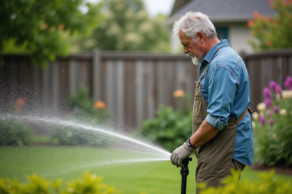 Homme d'âge moyen vérifiant un arroseur dans le jardin