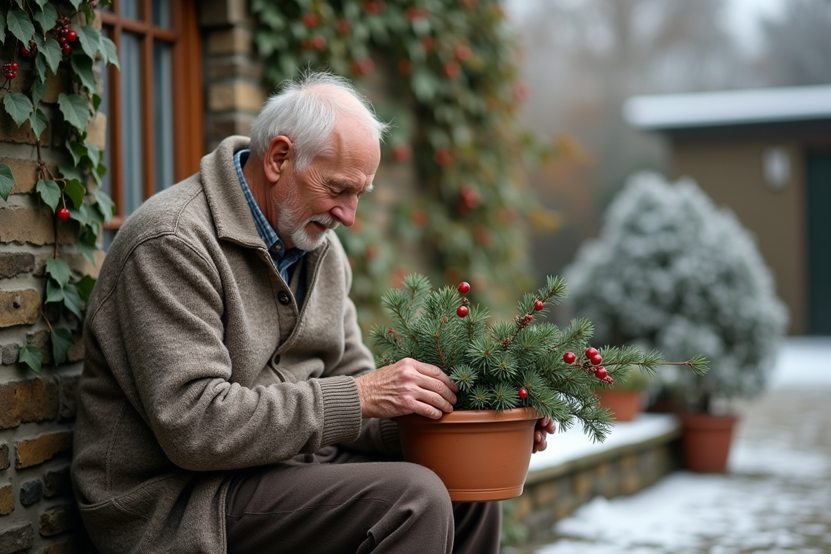 Homme âgé remplissant une jardinière avec des branches de pin