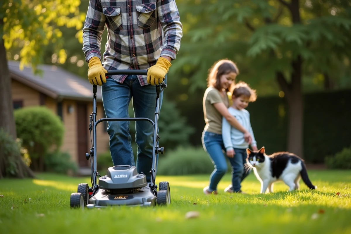 Homme guidant la tondeuse avec enfant et chat dans le jardin