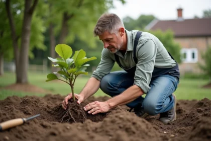 Homme en jeans plantant un jeune figuier dans le jardin