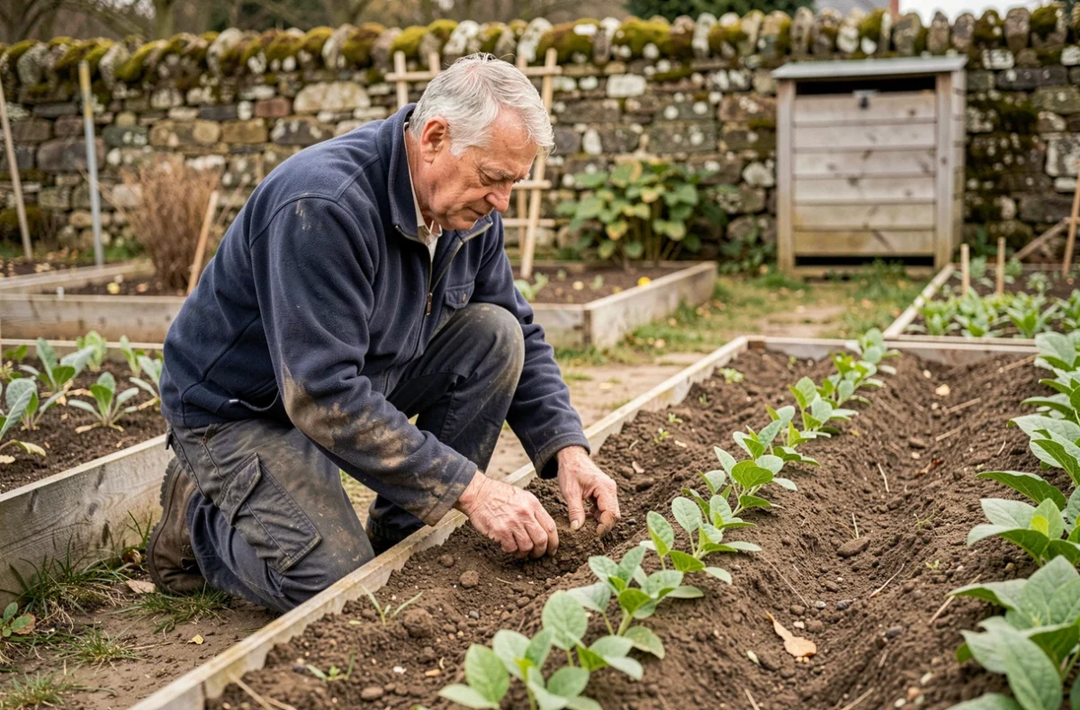 Homme âgé recouvrant des semis de fèves dans un potager traditionnel français en automne