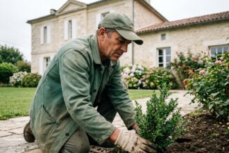 Homme en uniforme vert arrangeant des arbustes dans un jardin