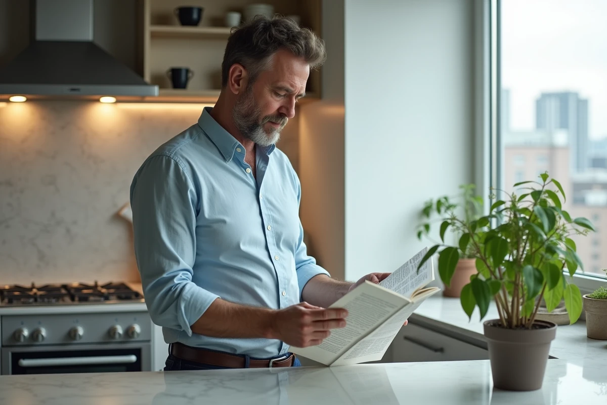 Homme lisant un guide auprès d’un petit ceriman