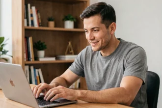 Homme découvrant les jeux cachés du nain de jardin Google sur son ordinateur portable depuis son bureau à domicile