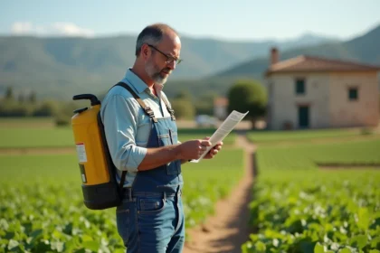 Homme en jeans lisant une étiquette de pesticide dans un champ
