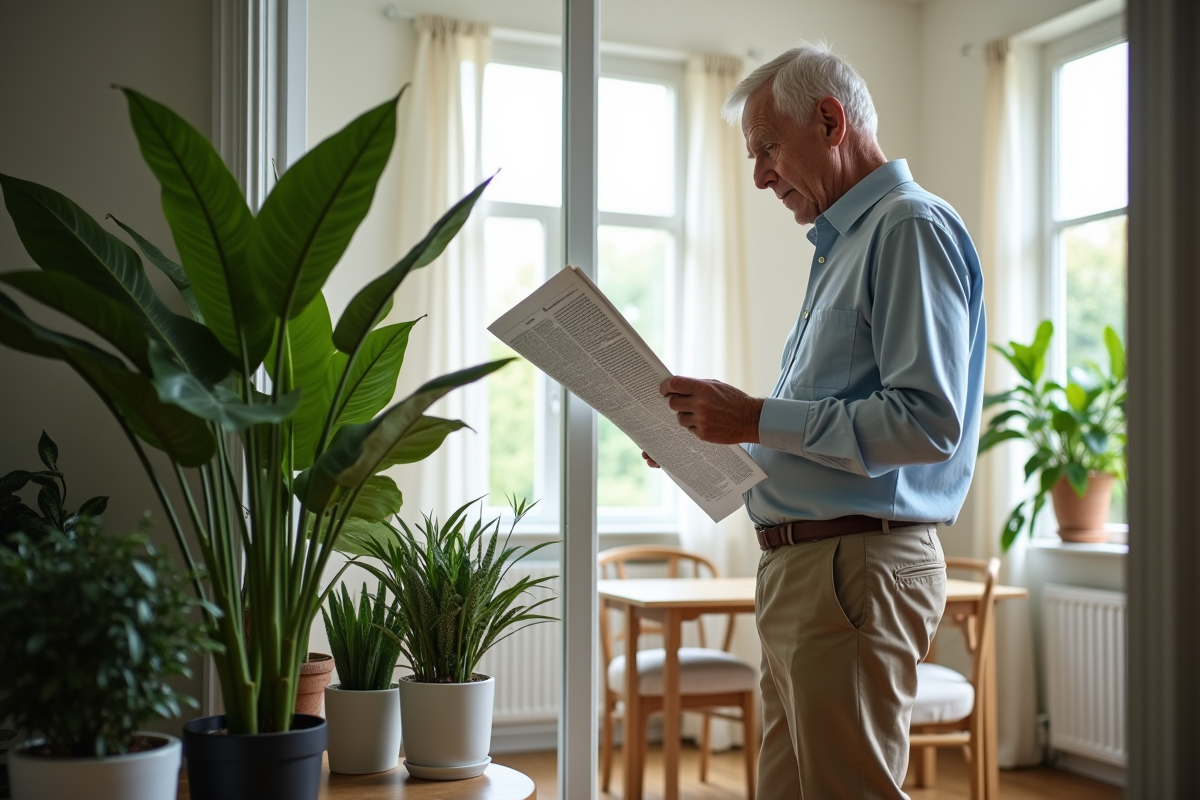 Homme âgé lisant un journal près de ses plantes vertes dans un bureau lumineux