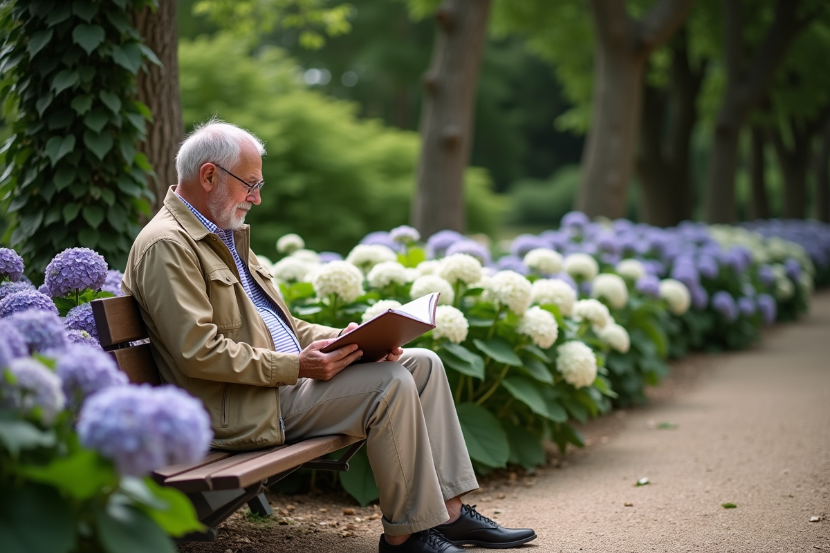 Homme lisant un guide sur les hortensias dans un parc