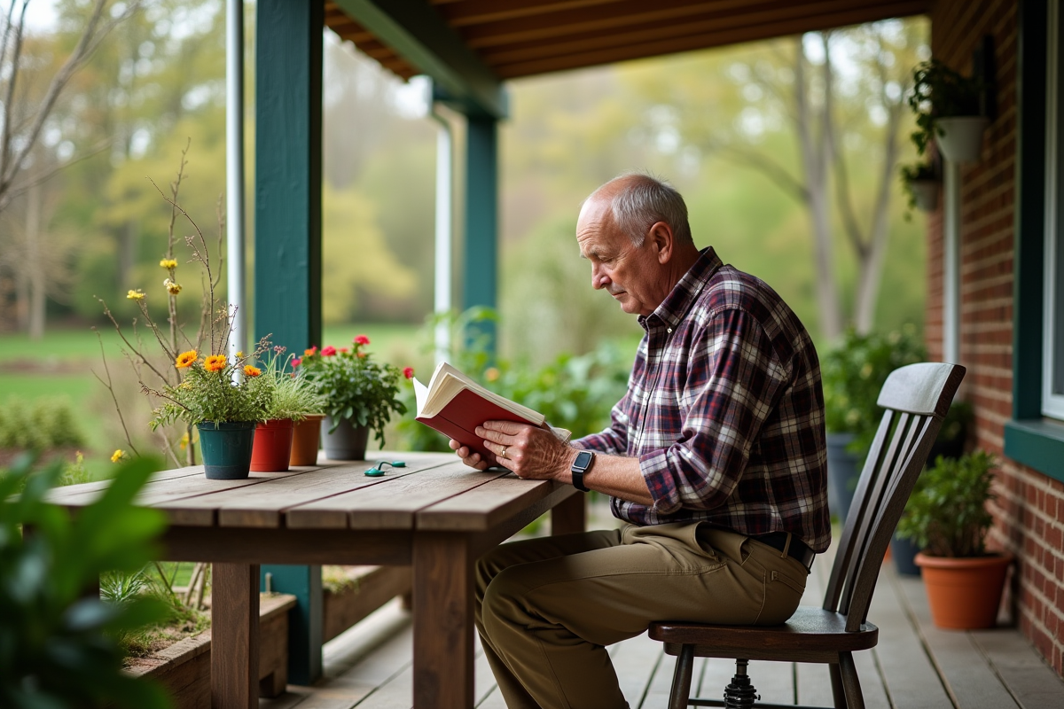 Homme lisant un livre de jardinage sur la terrasse