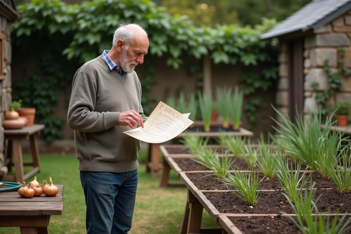 Homme consultant un calendrier lunaire dans le jardin