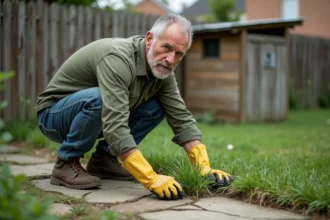Homme inspectant des mauvaises herbes dans un jardin résidentiel avant désherbage au glyphosate