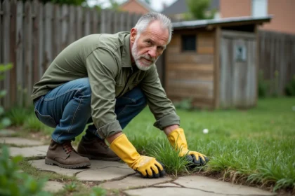 Homme inspectant des mauvaises herbes dans un jardin résidentiel avant désherbage au glyphosate