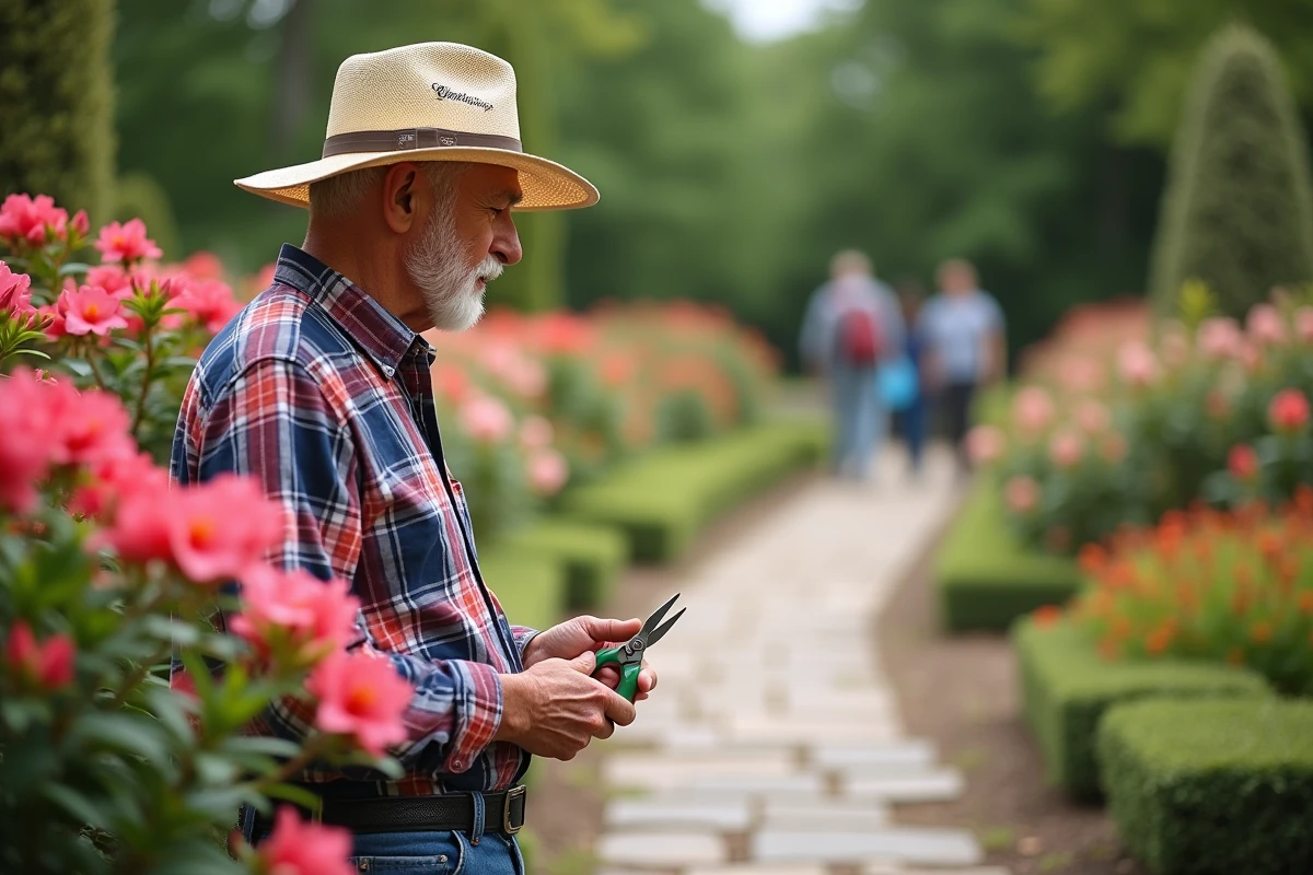 Homme âgé regardant des azalées dans un jardin public