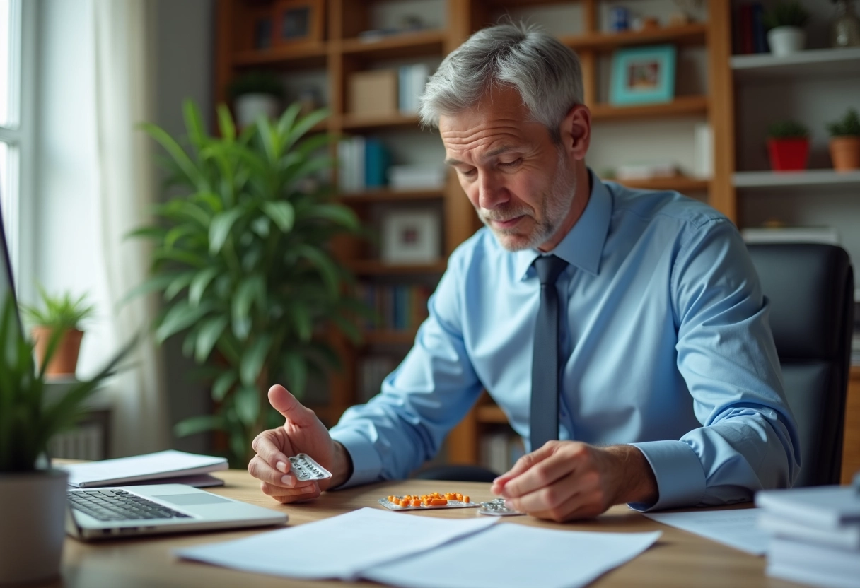 Homme organisant ses médicaments sur un bureau à domicile