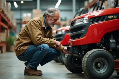 Homme en tenue de travail examine un tracteur de jardin