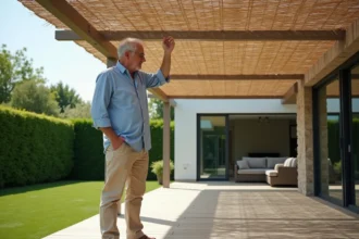 Homme inspectant une pergola bioclimatique en reed naturel