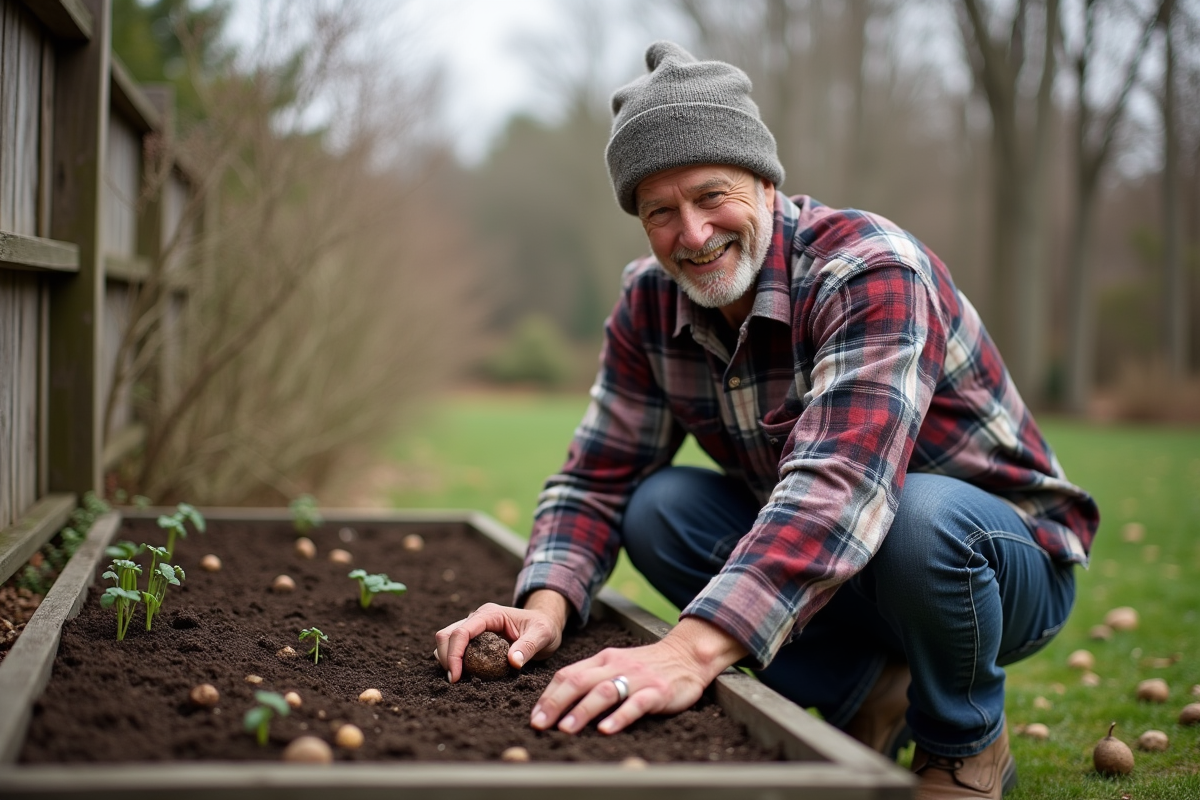 Homme plantant des tubers de dahlia dans un jardin au printemps