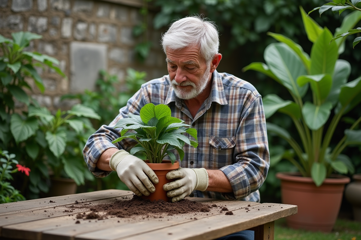 Homme âgé plantant une monstera dans le jardin