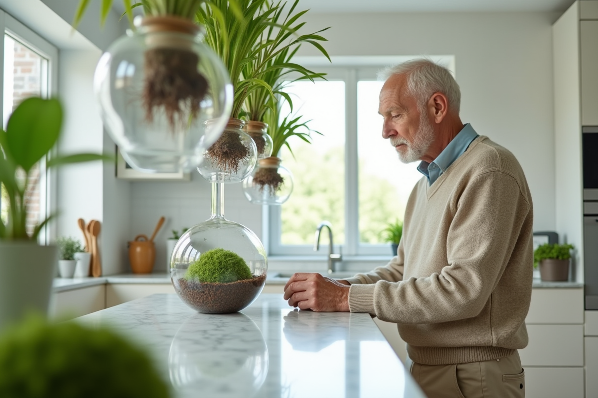 Homme observant des plantes hydroponiques suspendues dans la cuisine