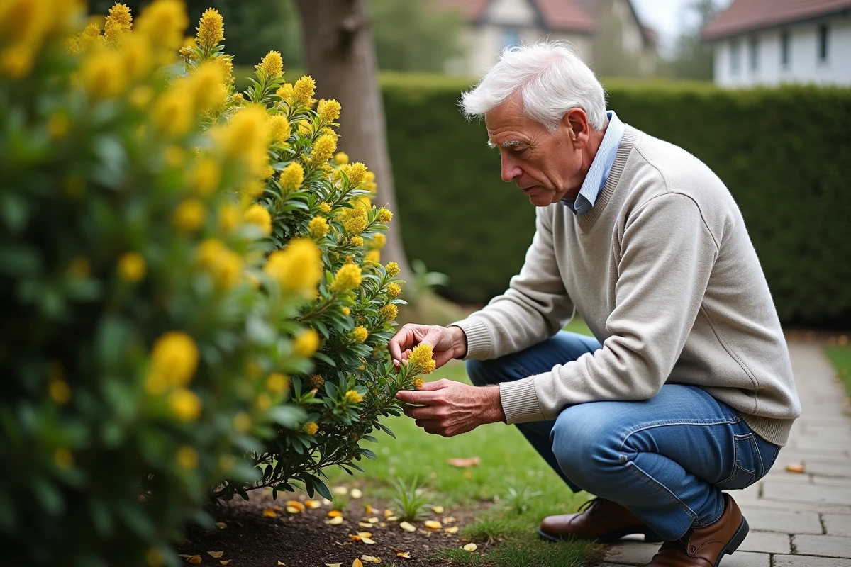 Homme inspectant un mimosa après taille dans son jardin