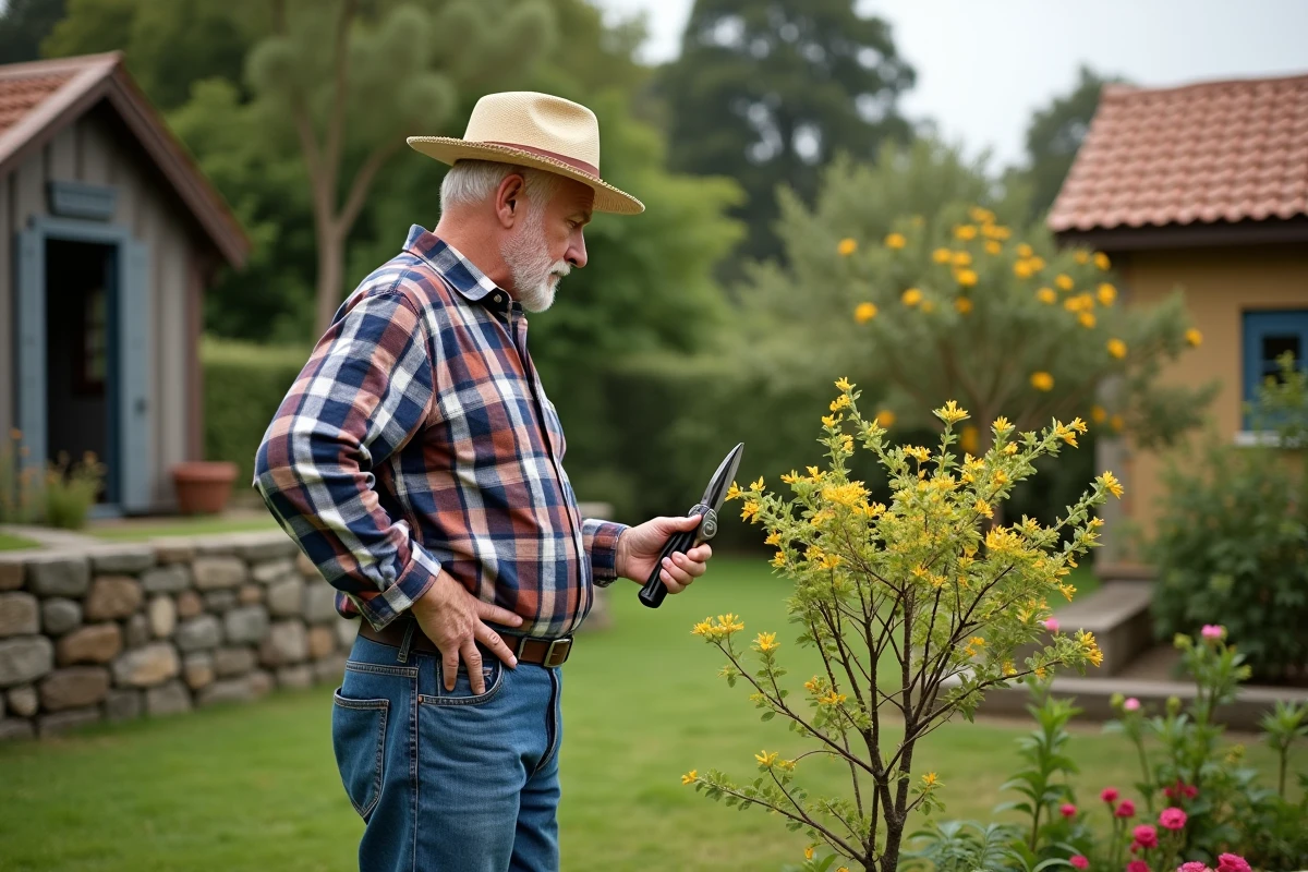 Homme âgé observant un jeune mimosa avec des ciseaux