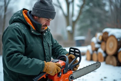 Homme versant de l'huile sur sa tronçonneuse électrique dans la neige