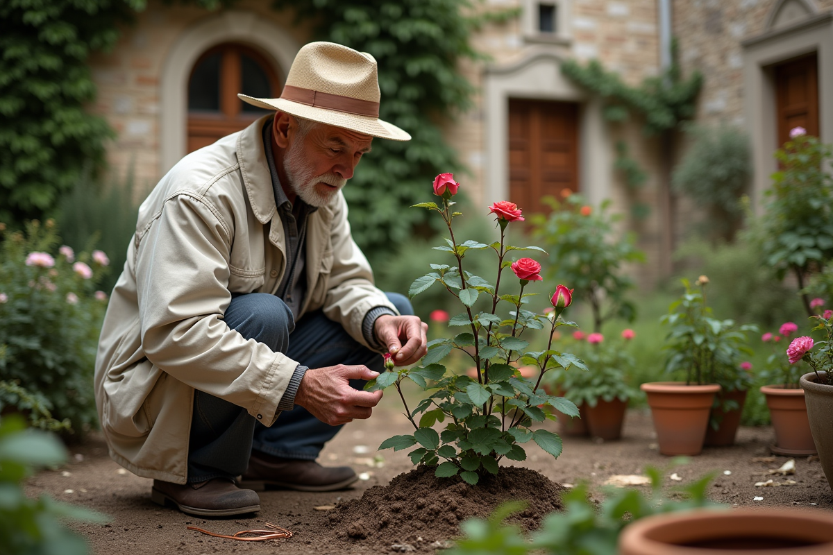Homme age en jardin de cour francais attachant un rosier