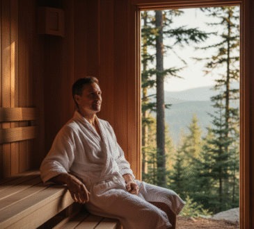 Homme détendu dans un sauna en cèdre extérieur