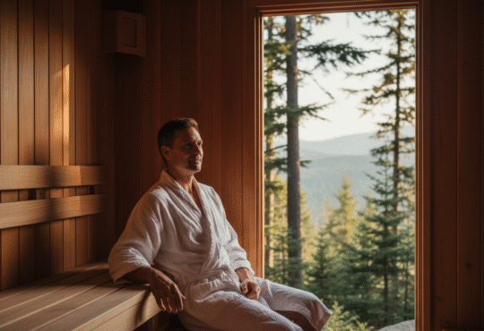 Homme détendu dans un sauna en cèdre extérieur