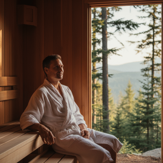 Homme détendu dans un sauna en cèdre extérieur