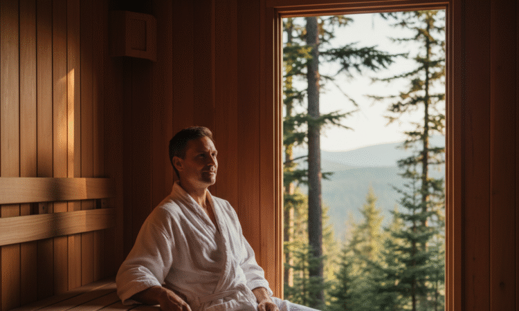Homme détendu dans un sauna en cèdre extérieur