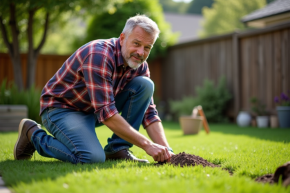 Homme en jeans et chemise à carreaux semant du gazon dans le jardin