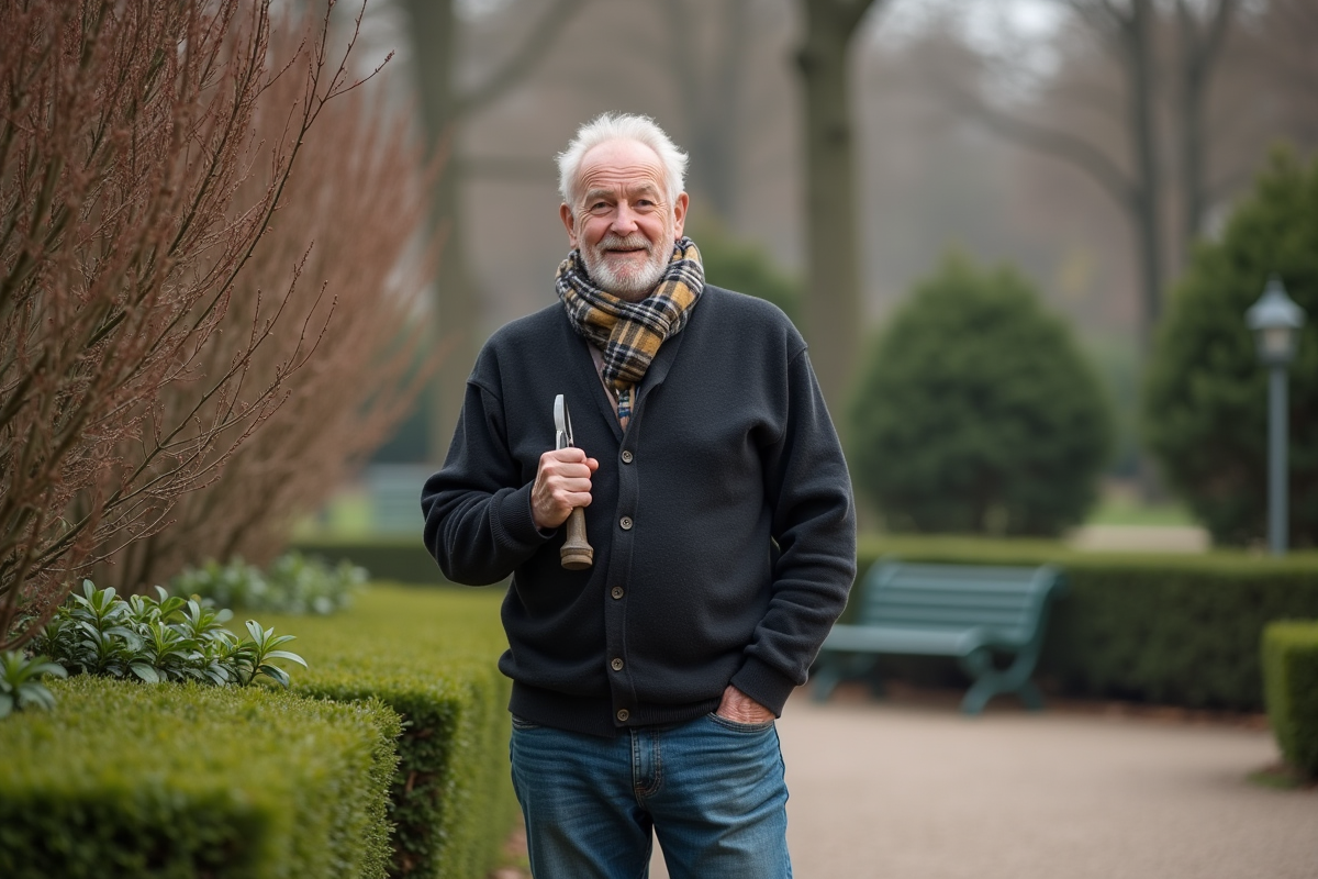 Homme âgé taillant des arbustes dans un parc public