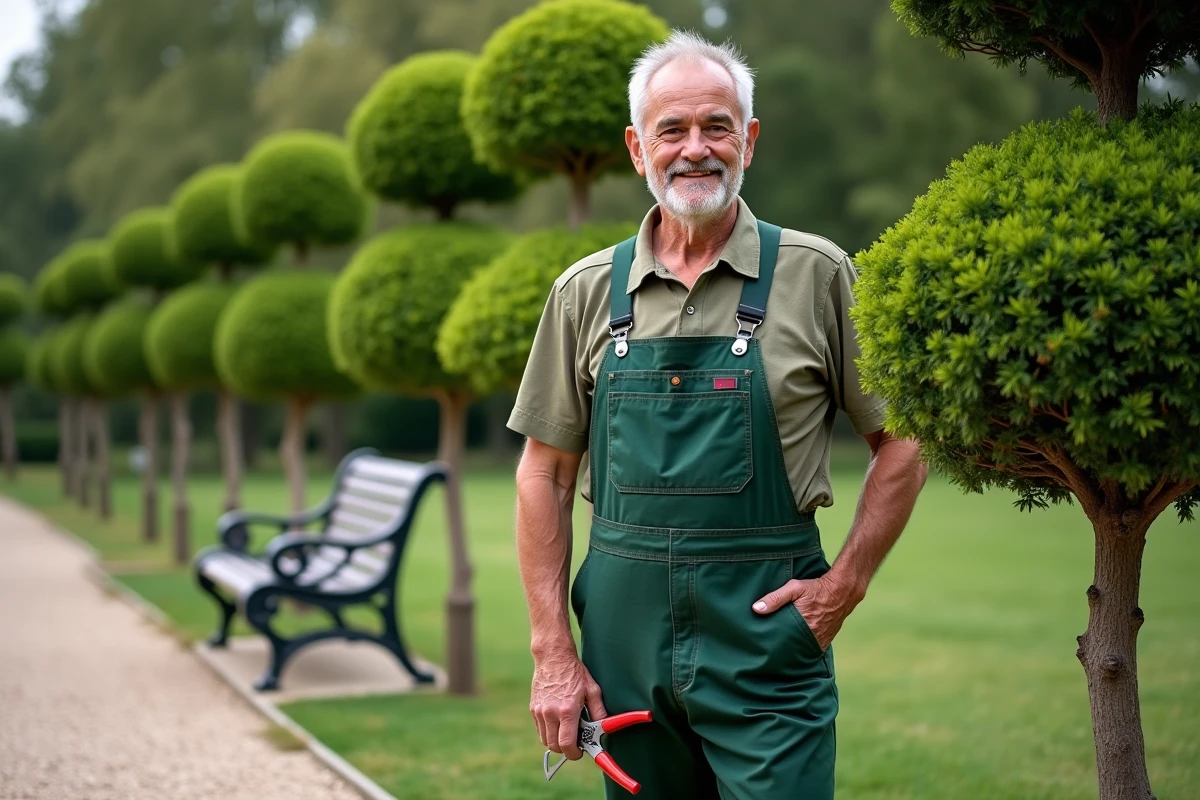 Homme en tenue de travail taillant un mimosa dans un parc