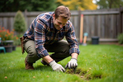 Homme taillant la mousse dans un jardin bien entretenu