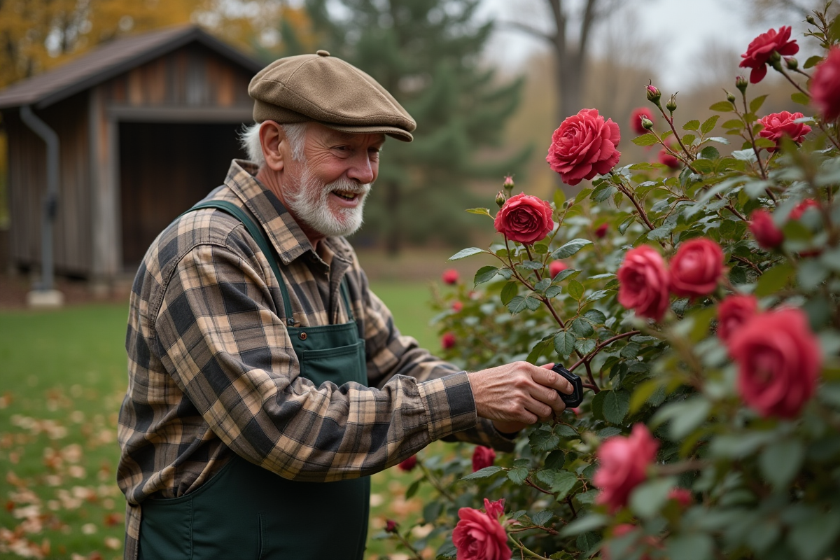 Homme âgé taillant un rosier en automne dans le jardin