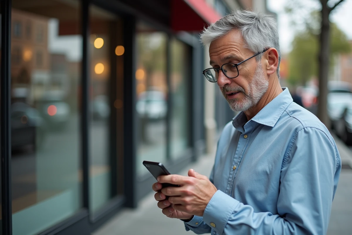 Homme dehors utilisant son smartphone près d’un magasin