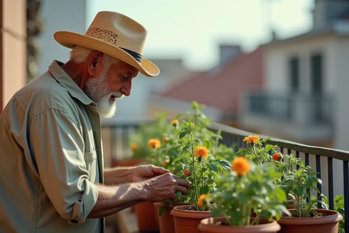 Homme âgé inspectant des plants de tomates sur un balcon urbain