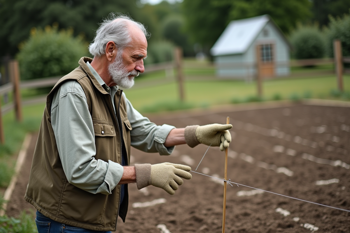 Homme âgé pointant motifs géométriques dans le jardin