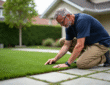 Homme vérifiant un patch de gazon synthétique dans un jardin