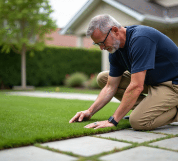 Homme vérifiant un patch de gazon synthétique dans un jardin