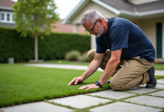 Homme vérifiant un patch de gazon synthétique dans un jardin