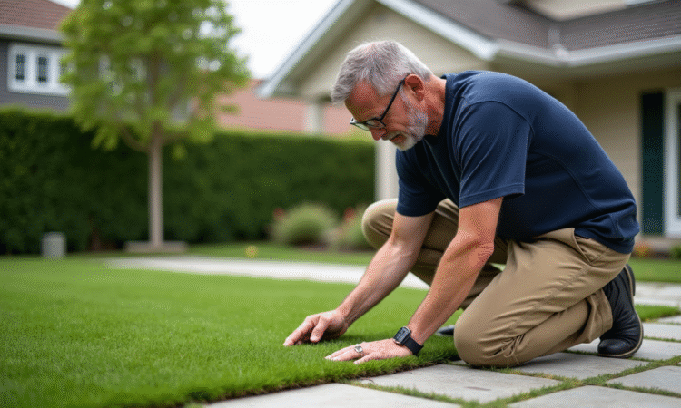 Homme vérifiant un patch de gazon synthétique dans un jardin